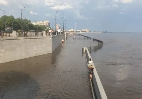 Бесстрашные: прохожие гуляют по подтопленной набережной Амура в Благовещенске