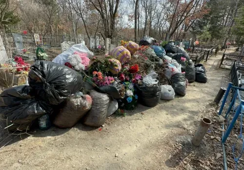 Горы мусора вдоль дороги и у могил оставили на кладбище Благовещенска
