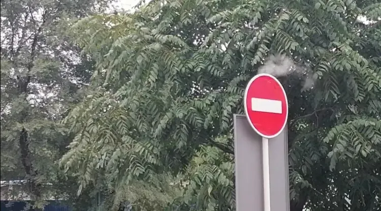 Дорожный знак дымится у АЗС в центре Благовещенска