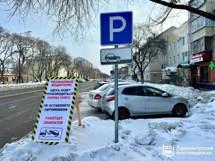Штендеры в Благовещенске предупреждают об эвакуации машин, мешающих уборке снега